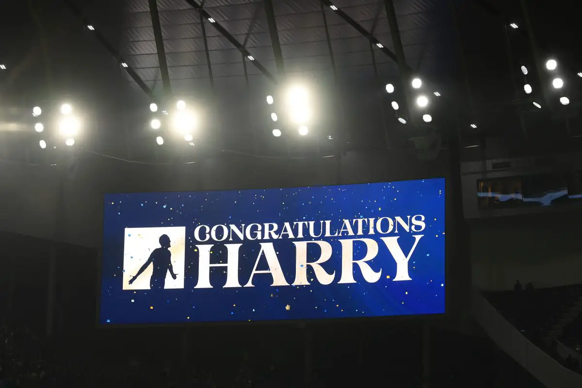 The LED board shows a message of congratulations to Harry Kane of Tottenham Hotspur after his 267th goal for the club. (Photo by Shaun Botterill/Getty Images)