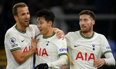 Son Heung-Min celebrates with Harry Kane and Matt Doherty of Tottenham Hotspur after scoring the team's fourth goal during the Premier League match between Crystal Palace and Tottenham Hotspur at Selhurst Park on January 04, 2023 in London, England. (Photo by Mike Hewitt/Getty Images)