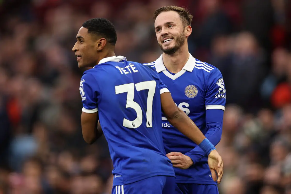 Tete of Leicester City celebrates with teammate James Maddison after scoring.