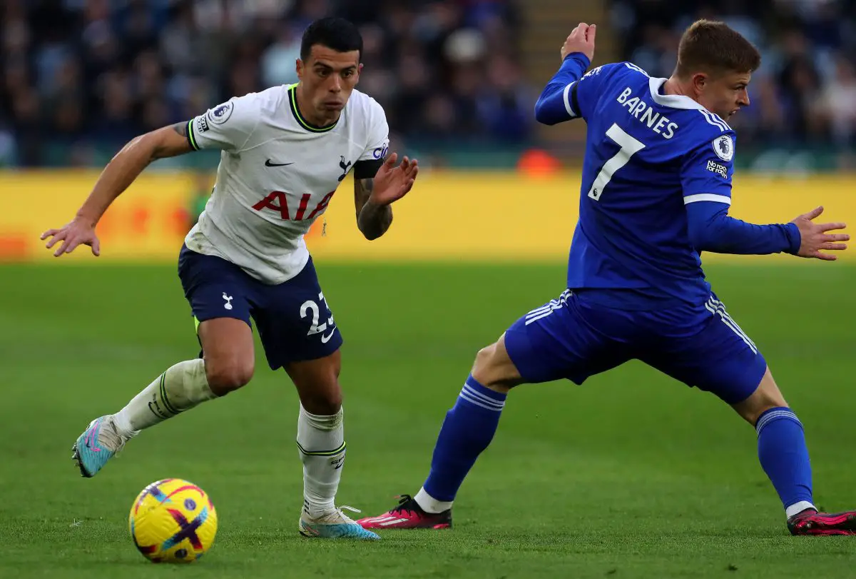 Tottenham Hotspur's Pedro Porro vies with Leicester City's Harvey Barnes. 