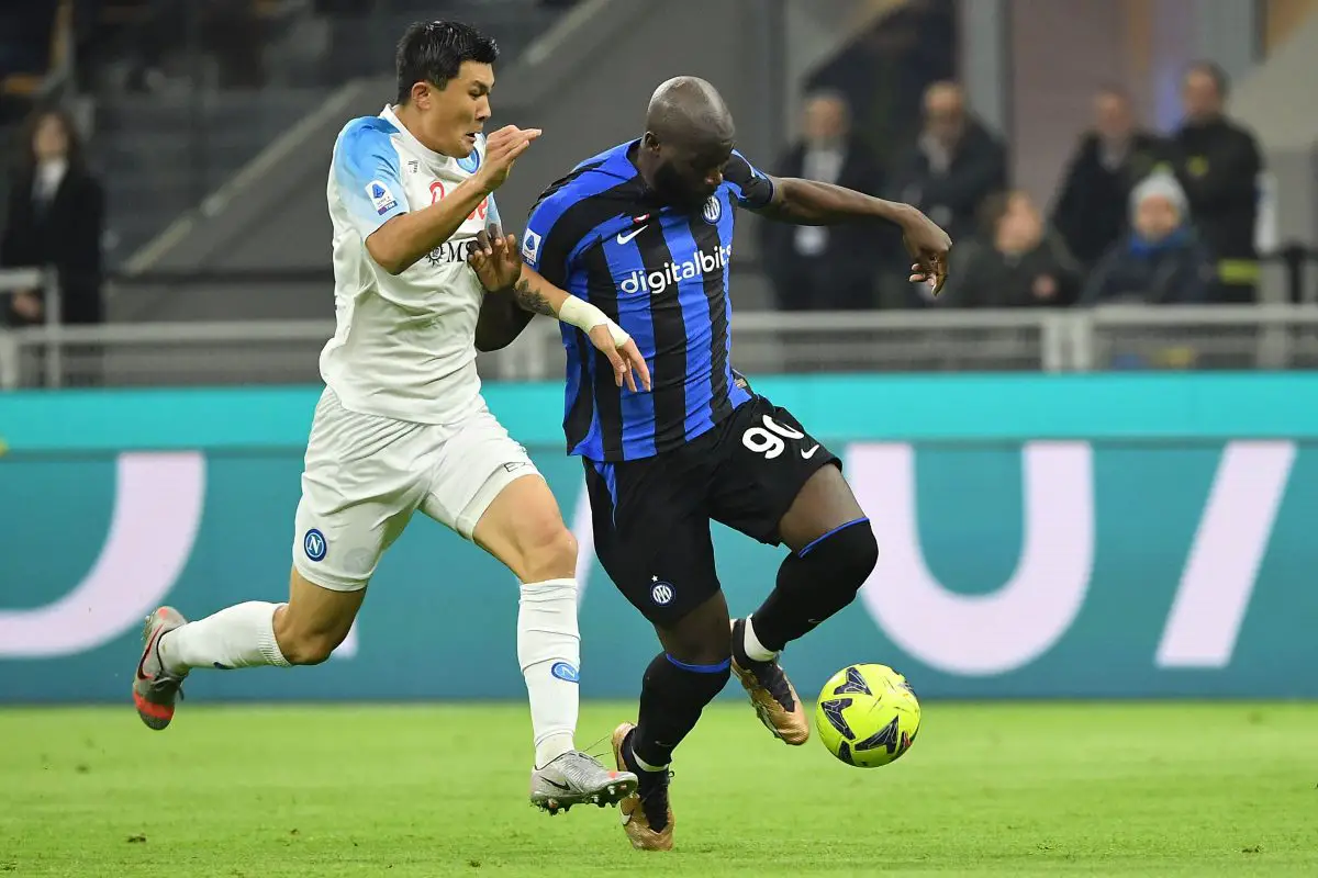 Napoli's South Korean defender Min-jae Kim fights for the ball with Inter Milan's Belgian forward Romelu Lukaku. 