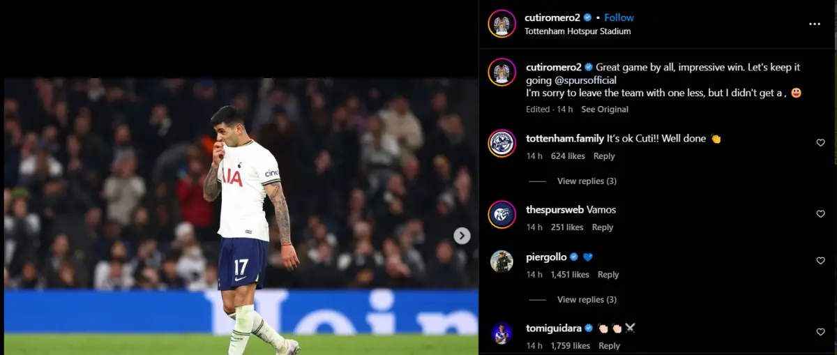 Tottenham defender Cristian Romero posts cheeky message after red card vs Manchester City. 