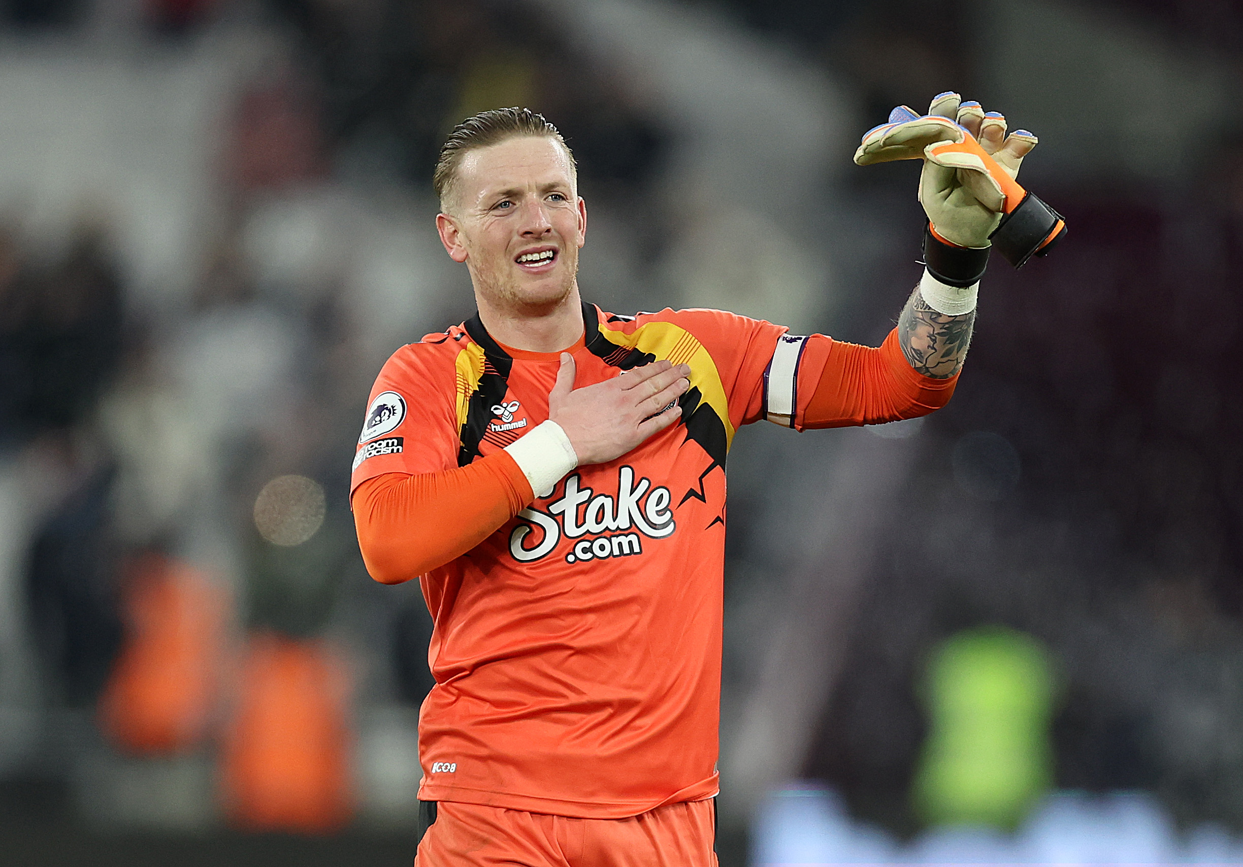 Jordan Pickford of Everton thanks the fans after the Premier League match between West Ham United and Everton FC at London Stadium on January 21, 2023 in London, England