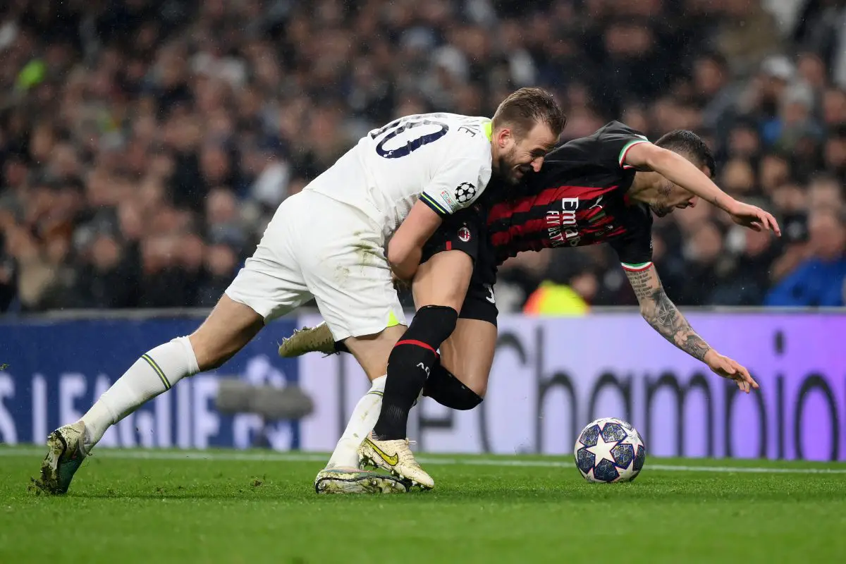 Harry Kane of Tottenham Hotspur challenges Rade Krunic of AC Milan. 