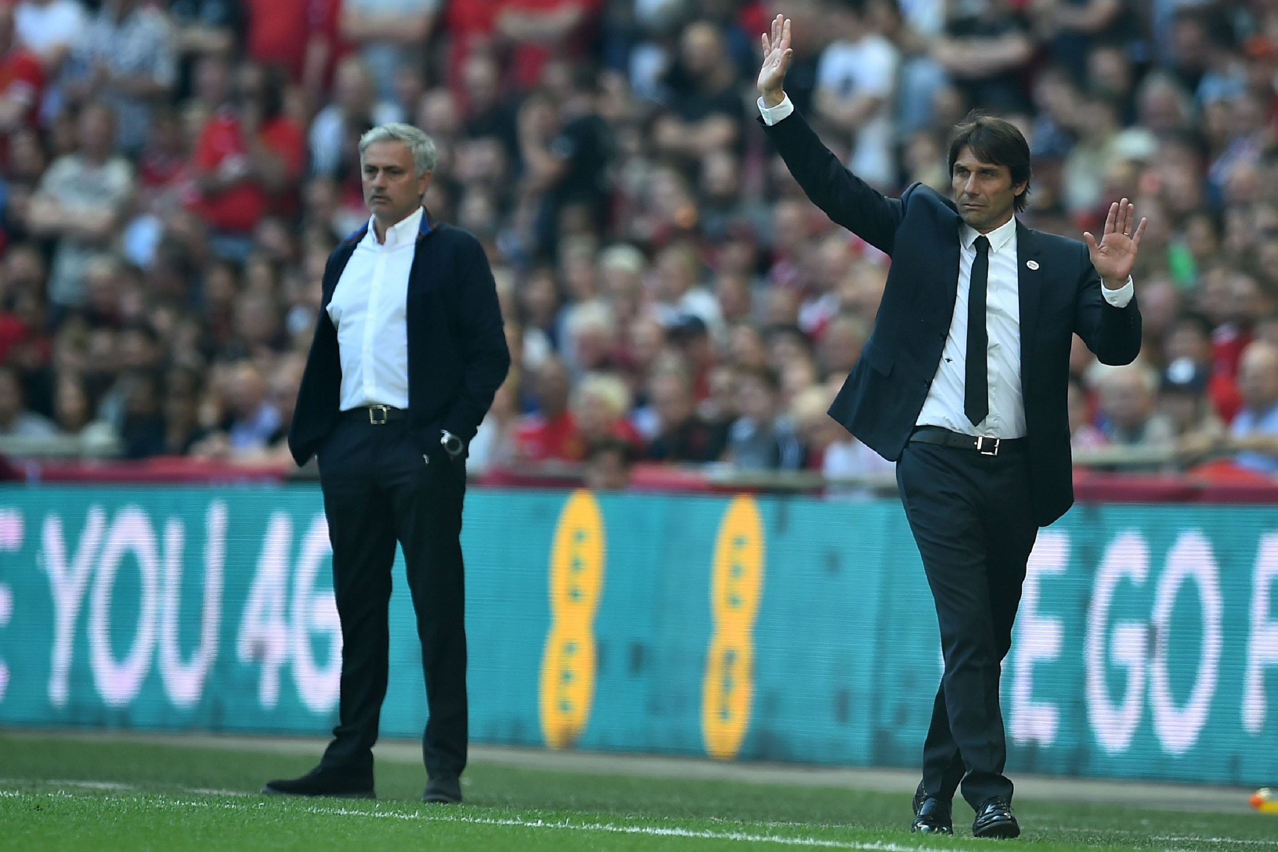 Antonio Conte and Jose Mourinho during a game between Chelsea and Manchester United.