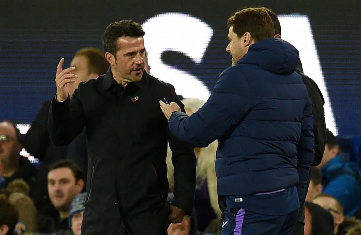 Marco Silva remonstrates with Tottenham Hotspur's then-coach Mauricio Pochettino. 