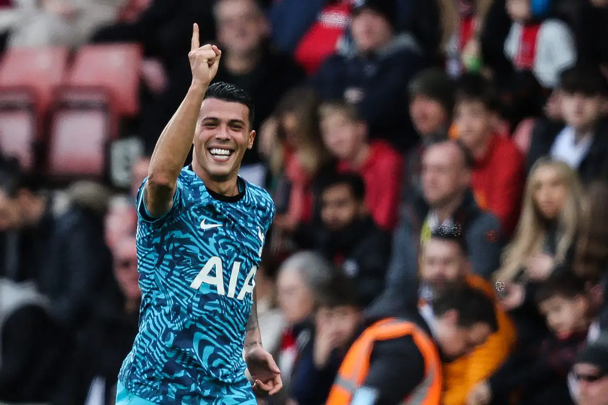 Tottenham Hotspur's Spanish defender Pedro Porro celebrates after scoring against Southampton - his first-ever Spurs goal.