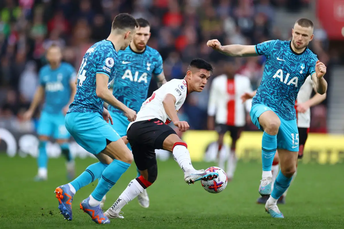 Carlos Alcaraz of Southampton is put under pressure by Ivan Perisic and Eric Dier of Tottenham Hotspur. 