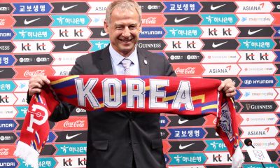 South Korea manager Jurgen Klinsmann talks to the media during a press conference.