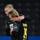 ulian Brandt celebrates scoring with the-then Borussia Dortmund forward Erling Braut Haaland.