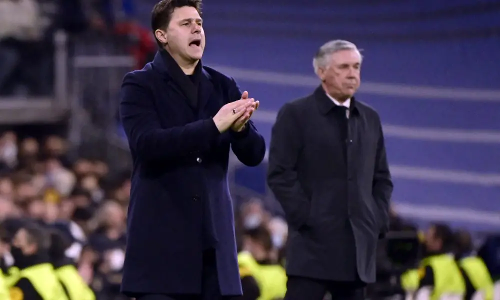 Paris Saint-Germain's Mauricio Pochettino reacts next to Real Madrid's Carlo Ancelotti.