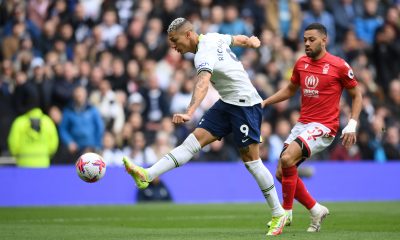 Richarlison of Tottenham Hotspur shoots against Nottingham Forest.