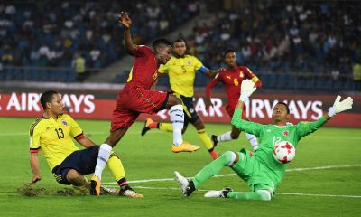 Colombia's goalkeeper Kevin Mier stops a shot from Ghana's Sadiq Ibrahim.