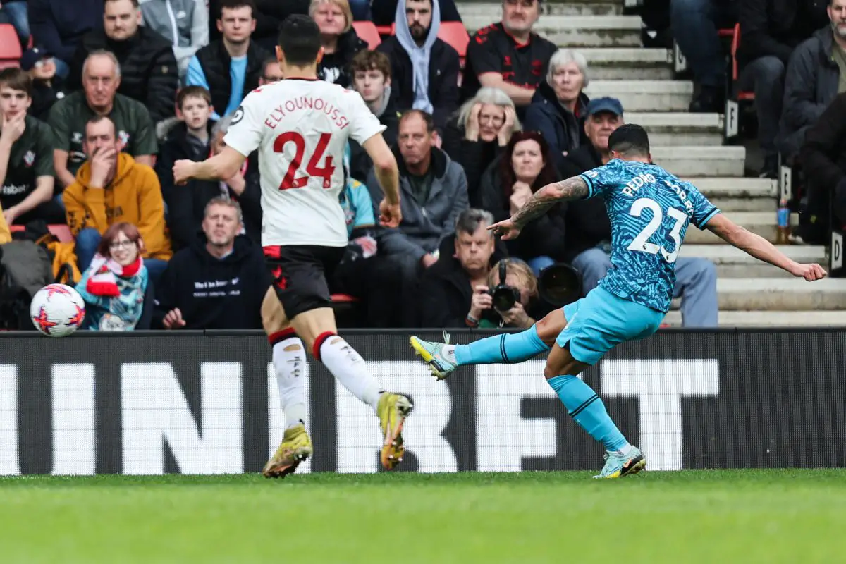Tottenham Hotspur's Spanish defender Pedro Porro shoots to score against Southampton. 