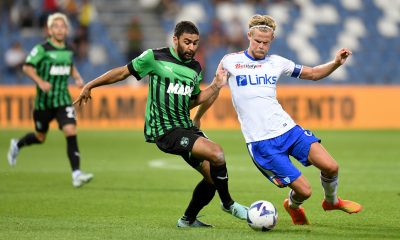 Gregoire Defrel of US Sassuolo is challenged by Morten Hjulmand of US Lecce.