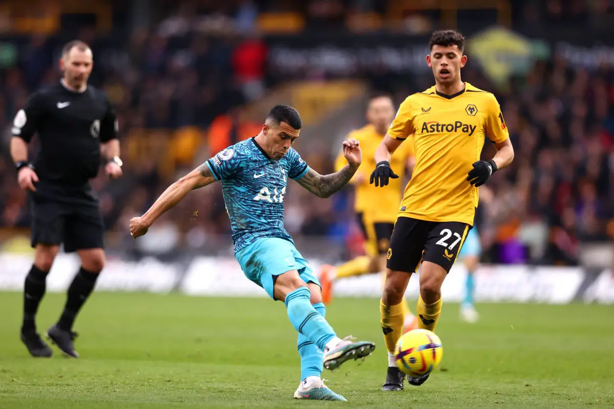 Pedro Porro of Tottenham Hotspur in action during the 1-0 loss against Wolves - March 2023.