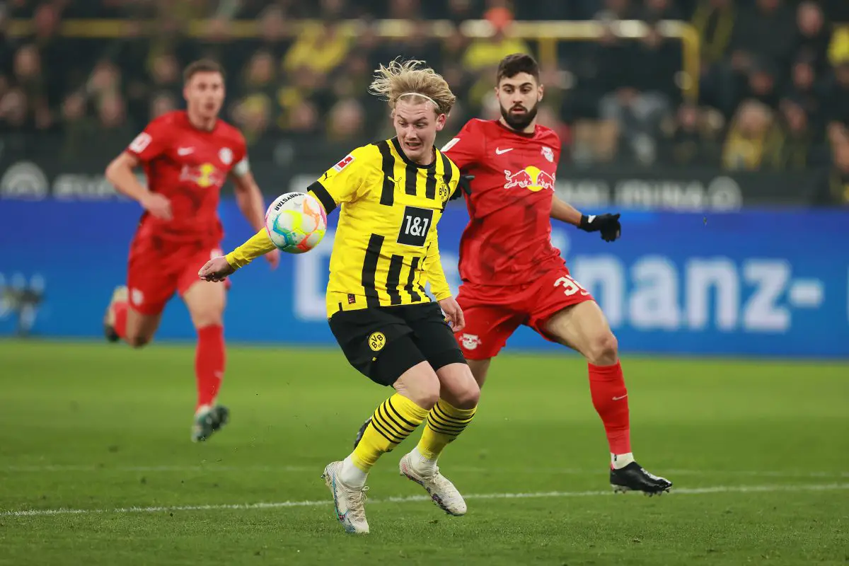 Julian Brandt of Borussia Dortmund vies for possession with RB Leipzig's Josko Gvardiol.