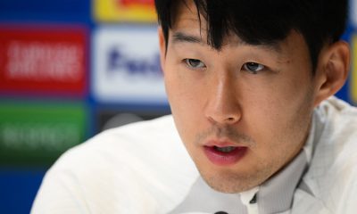 Tottenham Hotspur's South Korean striker Son Heung-min at a UEFA Champions League press conference.