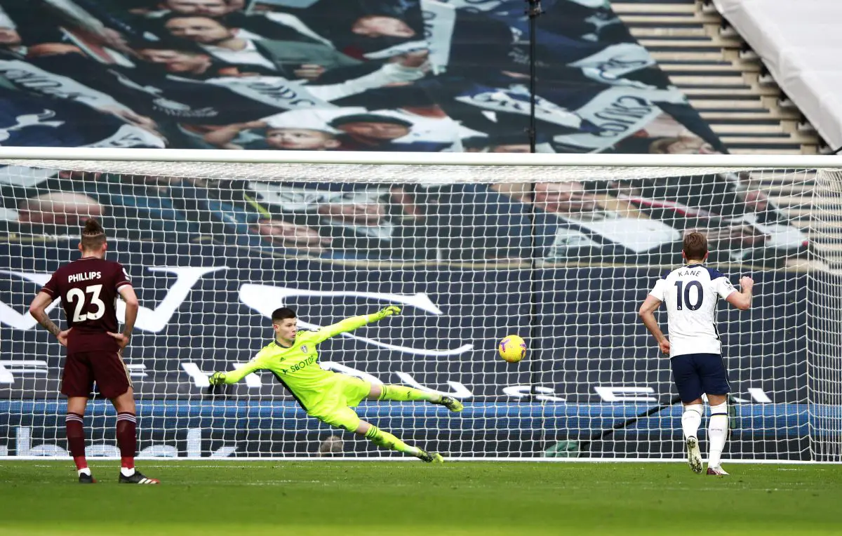 Harry Kane of Tottenham Hotspur scores from the penalty spot past Illan Meslier of Leeds United - January 2021.