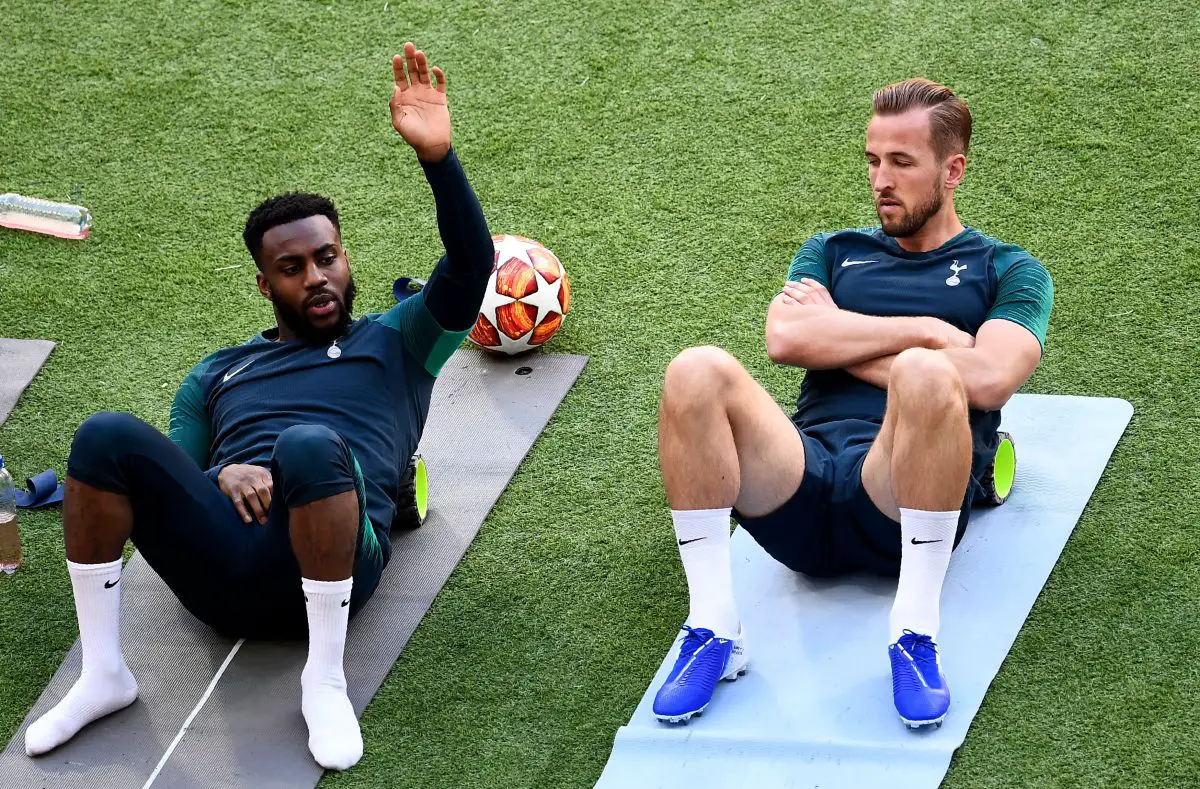 Tottenham Hotspur's English defender Danny Rose Harry Kane (R) attend a training session at the Wanda Metropolitano before the 2019 UEFA Champions League final.