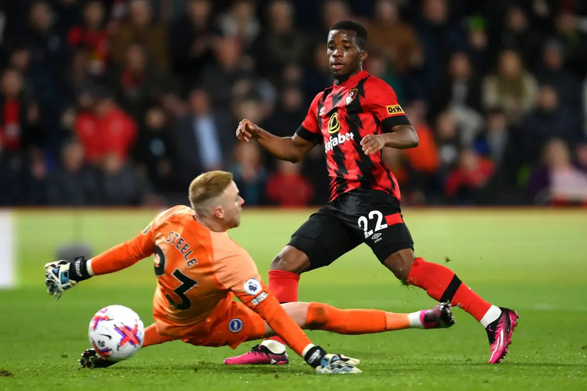 Hamed Junior Traore of AFC Bournemouth shoots past Jason Steele of Brighton.