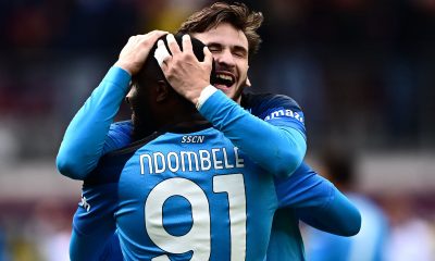 Napoli's French midfielder Tanguy Ndombele Khvicha Kvaratskhelia after scoring.