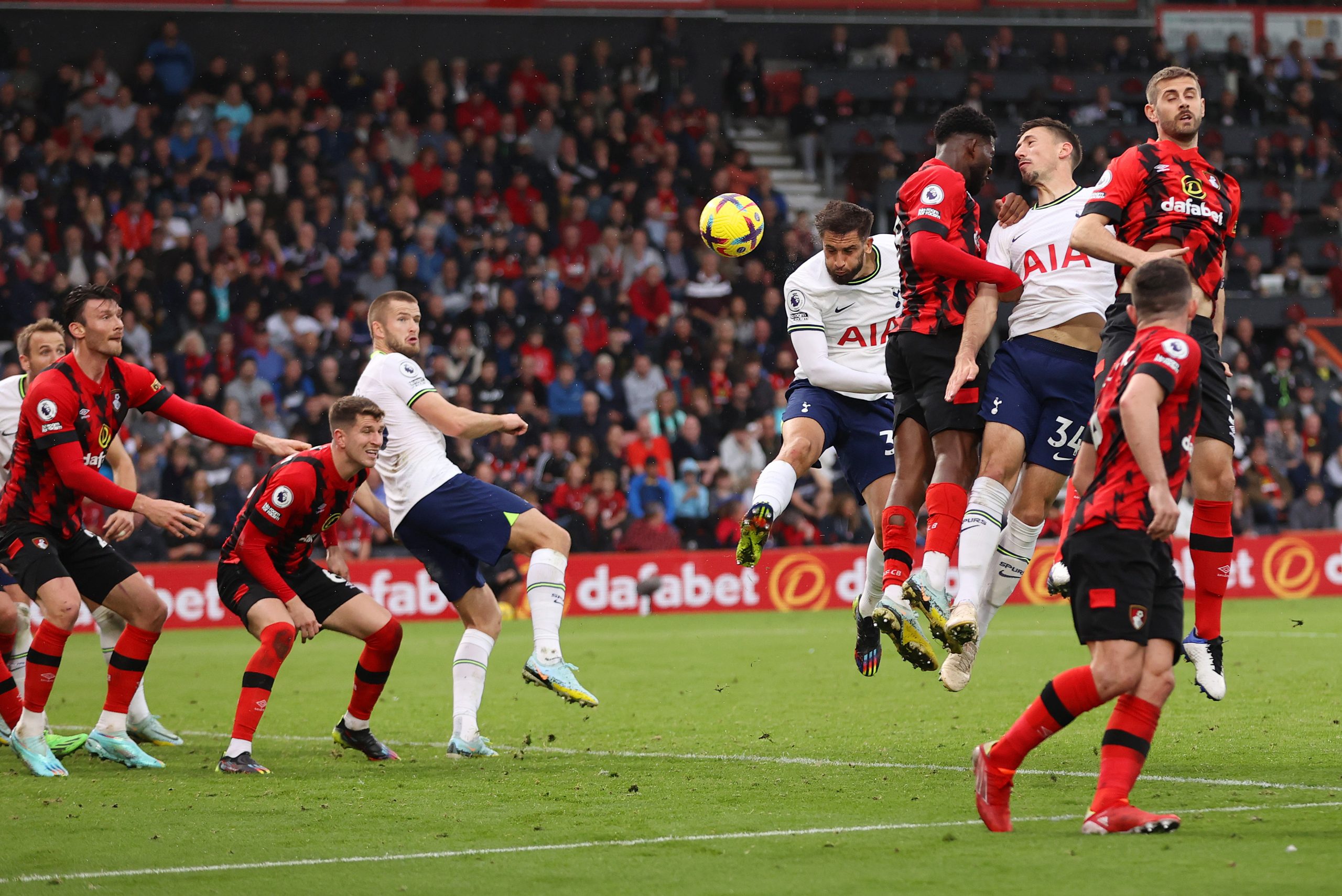 Rodrigo Bentancur of Tottenham Hotspur contends for the aerial ball against Bournemouth.