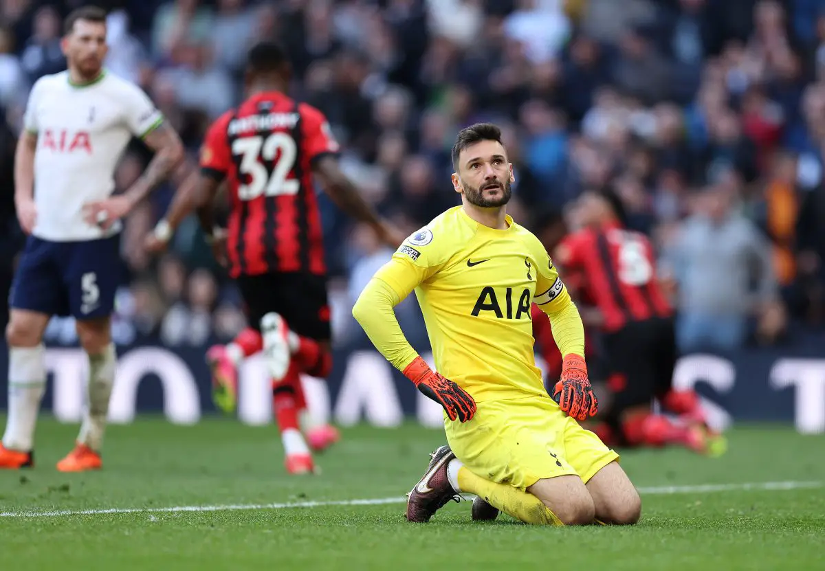 A dejected Hugo Lloris of Spurs looks dejected after Dango Ouattara of AFC Bournemouth scored the winner - April 2023.