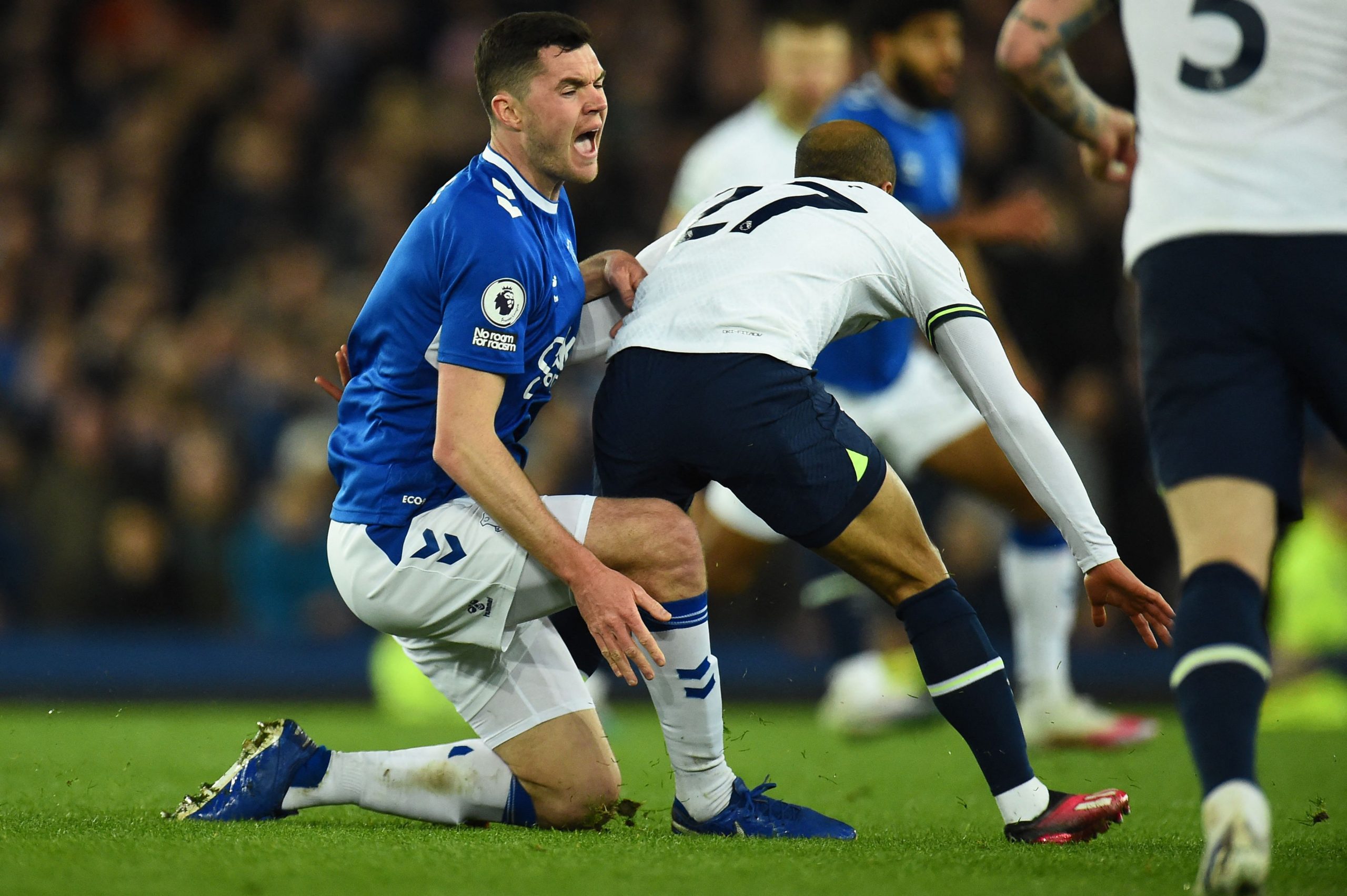 Tottenham Hotspur's Lucas Moura commits a foul on Everton's Michael Keane.