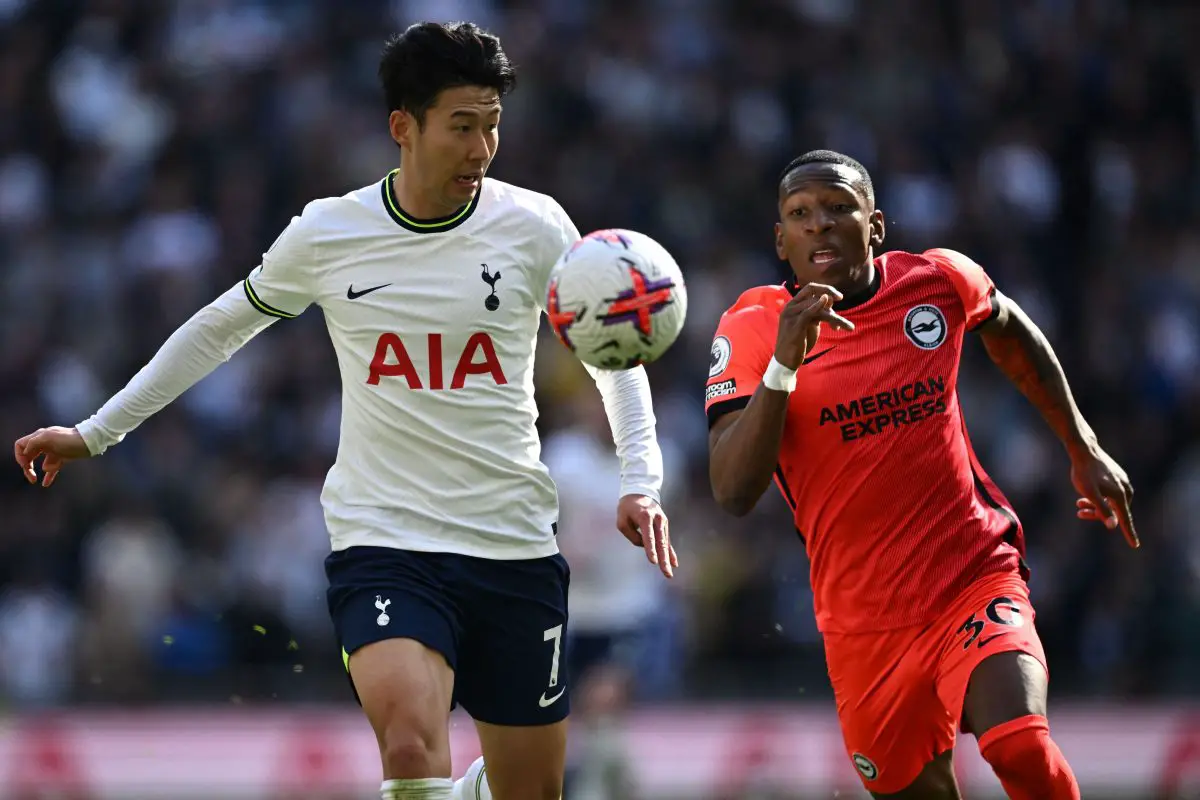 Tottenham Hotspur's South Korean striker Son Heung-Min vies with Brighton's Ecuadrorian defender Pervis Estupinan. 
