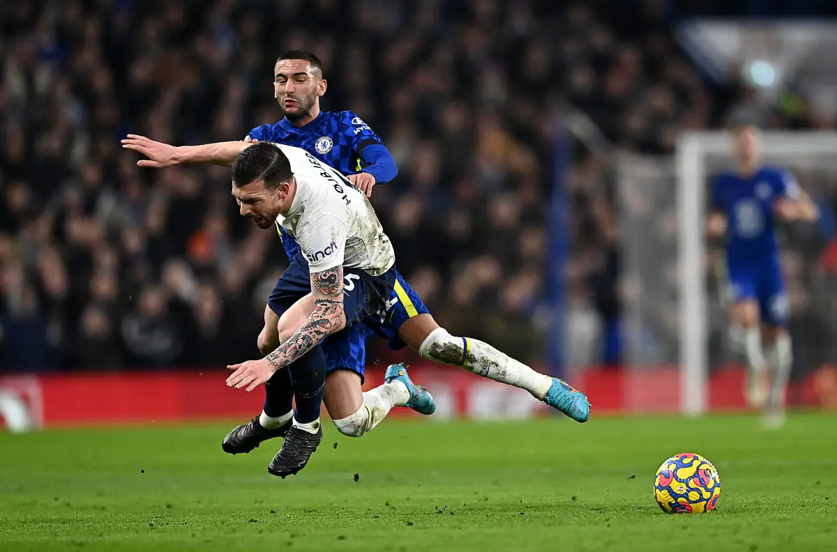 Hakim Ziyech of Chelsea battles for possession with Pierre-Emile Hojbjerg of Tottenham Hotspur - January 2022. 