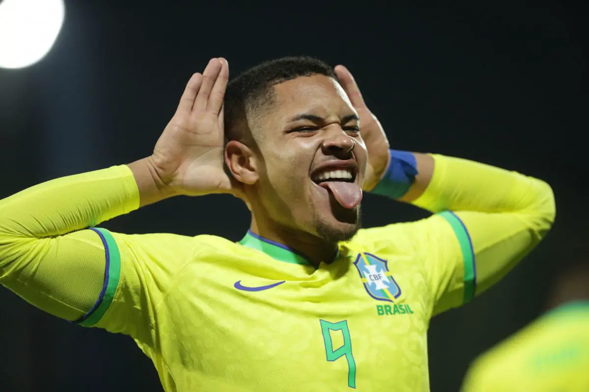 Brazil's Vitor Roque can play as a striker as well as a right-winger. (Photo by JUAN PABLO PINO/AFP via Getty Images)