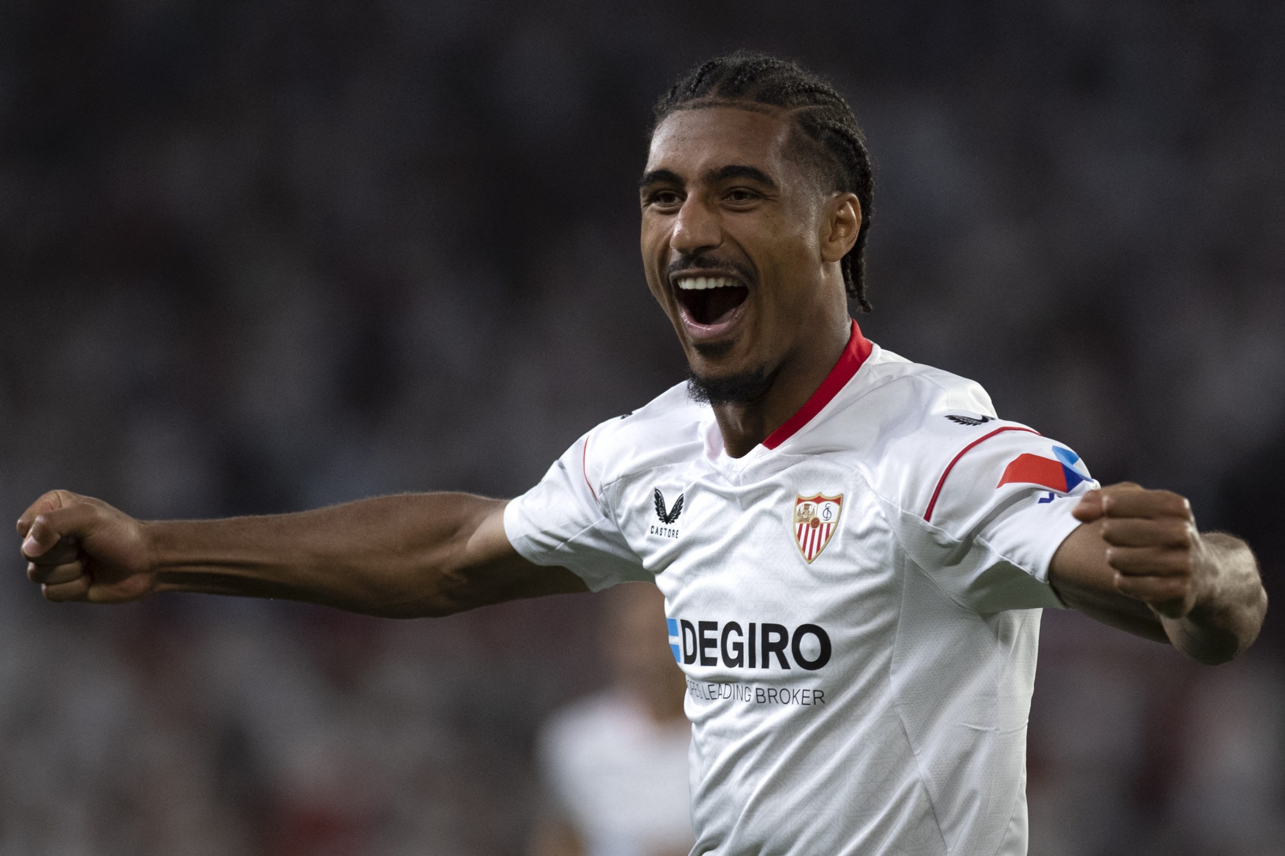 Sevilla's French defender Loic Bade celebrates after scoring. (Photo by JORGE GUERRERO/AFP via Getty Images)