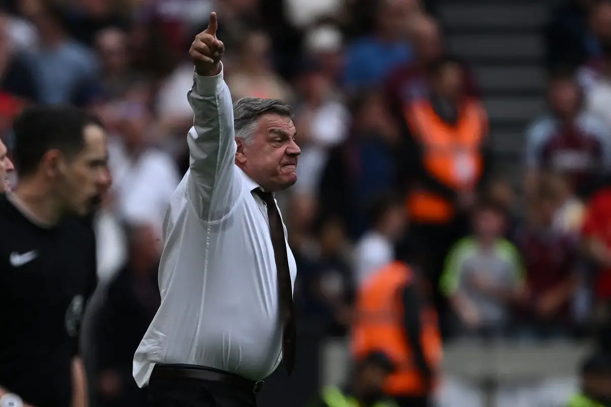 Leeds United's English head coach Sam Allardyce shouts instructions to the players from the touchline against West Ham United. 