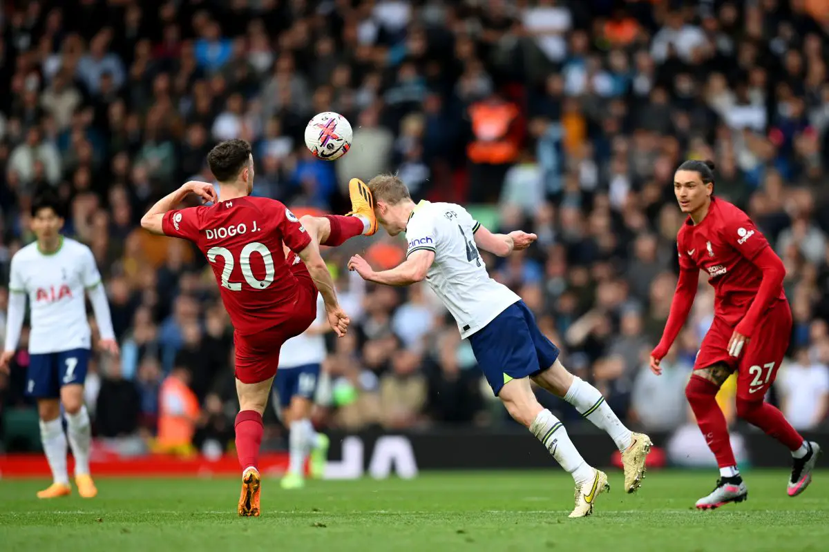 Diogo Jota of Liverpool clashes with Oliver Skipp of Tottenham Hotspur at Anfield -April 2023. 