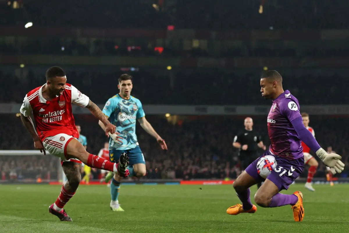 Southampton's Gavin Bazunu saves this shot from Arsenal's Gabriel Jesus.