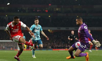 Southampton's Gavin Bazunu saves this shot from Arsenal's Gabriel Jesus.