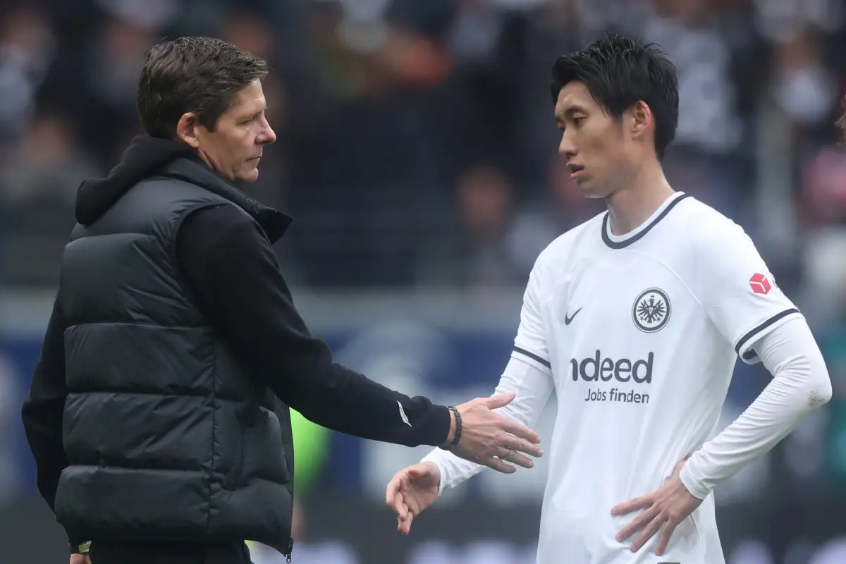 Head coach Oliver Glasner and Daichi Kamada of Eintracht Frankfurt. 