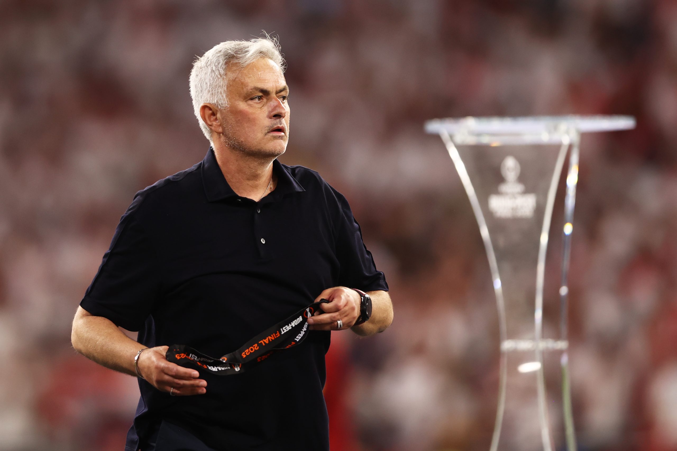 Jose Mourinho after AS Roma's Europa League loss against Sevilla in the 2023 final. (Photo by Naomi Baker/Getty Images)