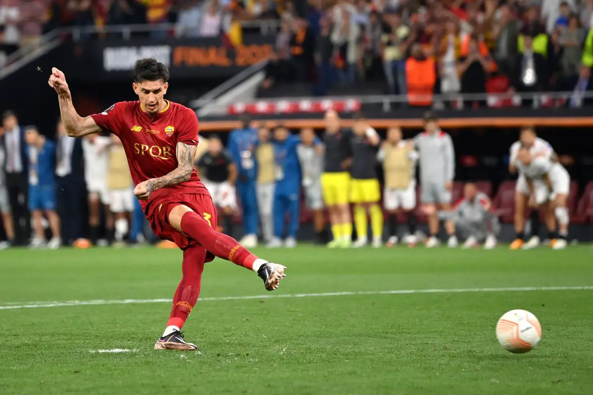 Roger Ibanez of AS Roma misses the team's third penalty in the UEFA Europa League final against Sevilla. 