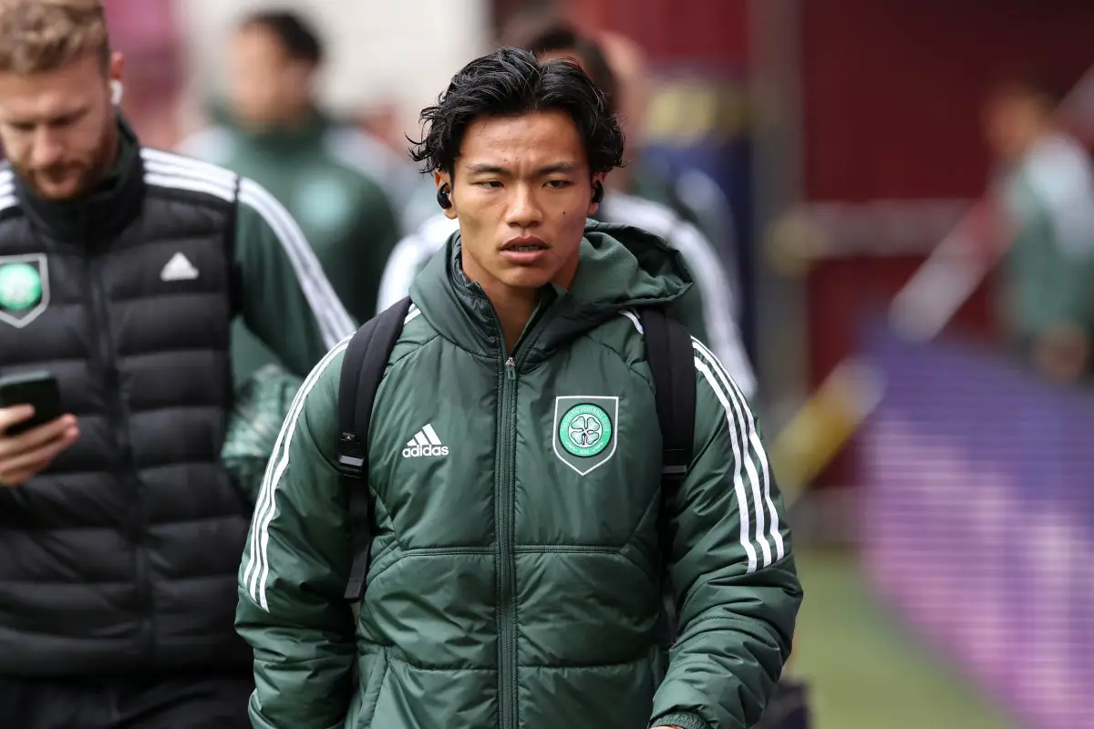 Reo Hatate arrives at the stadium prior to the Cinch Scottish Premiership match between Heart of Midlothian and Celtic FC at Tynecastle Park. 