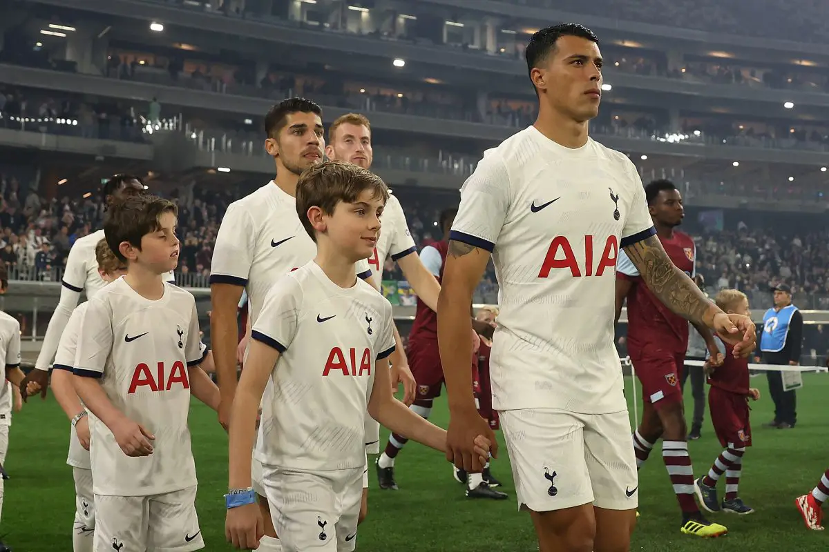 Pedro Porro walks out onto the pitch during the pre-season friendly match between Tottenham Hotspur and West Ham United at Optus Stadium. 