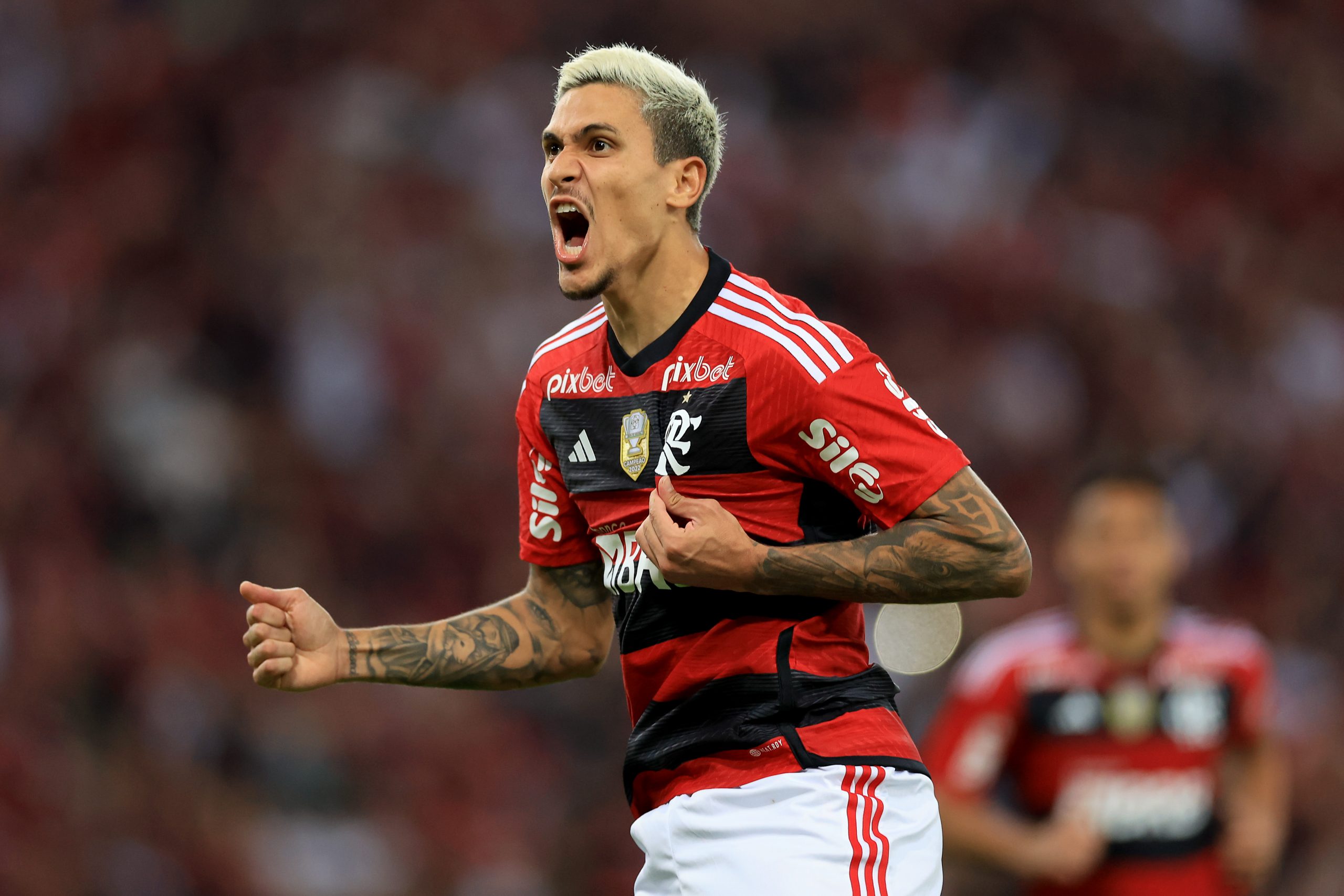 Pedro of Flamengo celebrates after scoring.