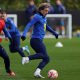 England's defender Luke Shaw (L) and Conor Gallagher (C) take part in an England football team training session at the Tottenham Hotspur Training Ground.