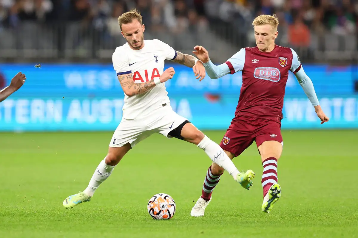 James Maddison of Tottenham Hotspur takes possession of the ball in a friendly against West Ham United. (Photo by James Worsfold/Getty Images)