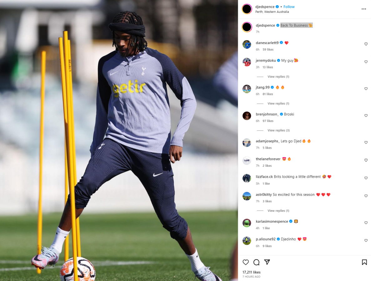 Djed Spence drops three-word message after hot Tottenham training session