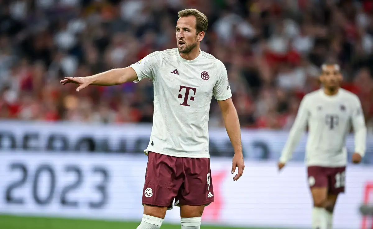 Harry Kane of FC Bayern München reacts during the DFL Supercup 2023 match against RB Leipzig at Allianz Arena. 