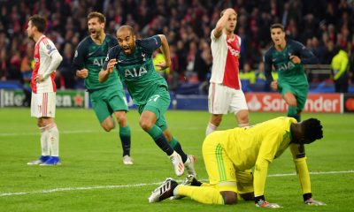 Lucas Moura of Tottenham Hotspur celebrates after scoring his team's third goal as Andre Onana of Ajax reacts.