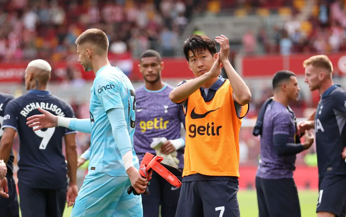 Heung-Min Son of Tottenham Hotspur applauds the fans after the draw against Brentford. 