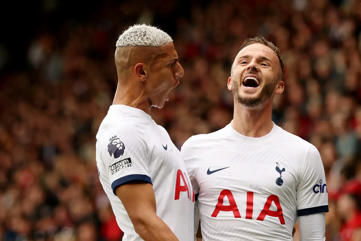 Tottenham star James Maddison reacts as Richarlison scores against Newcastle United. (Photo by Luke Walker/Getty Images)